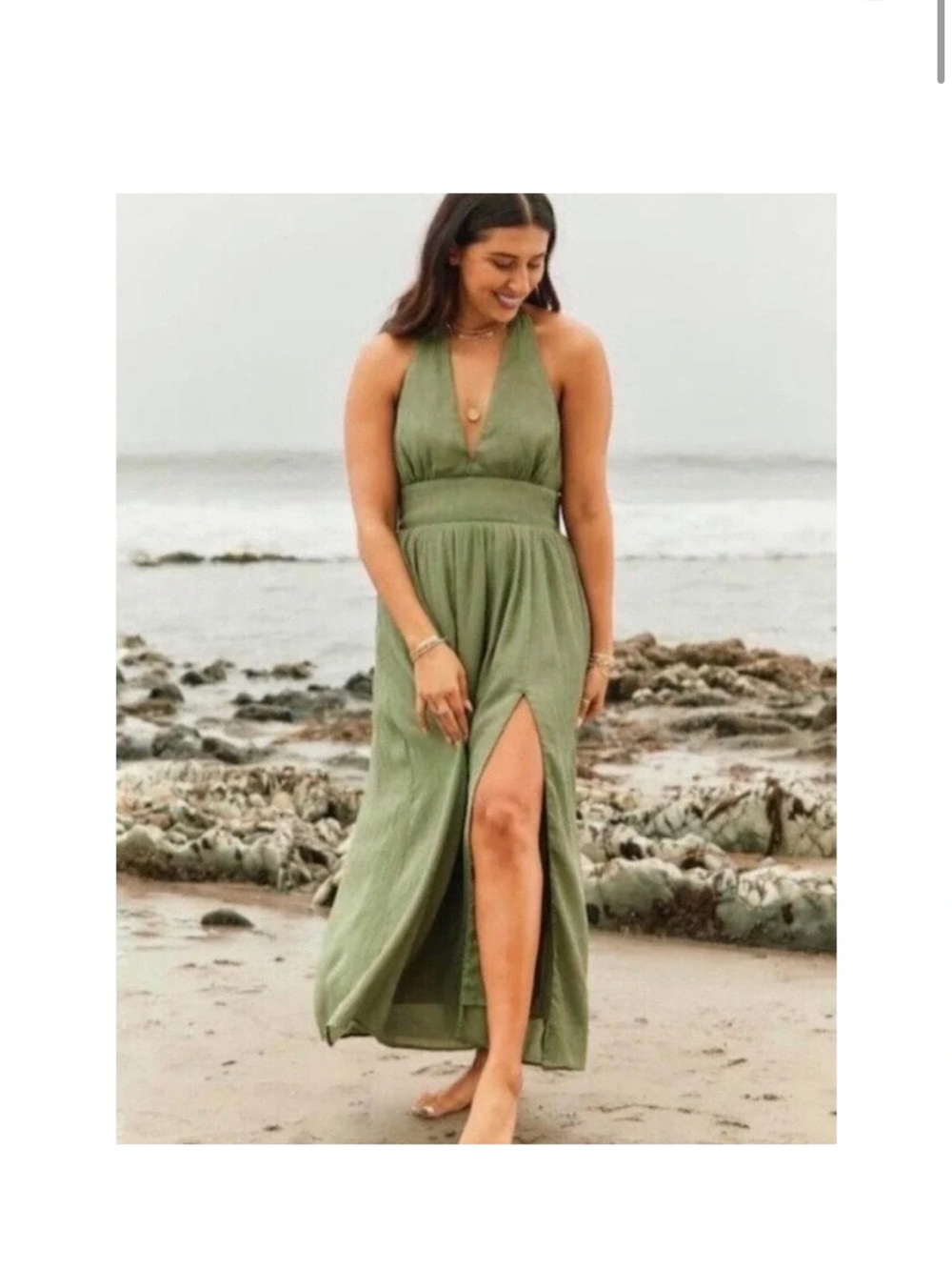 Abercrombie & Fitch Olive Halter Maxi Dress with Front Slit